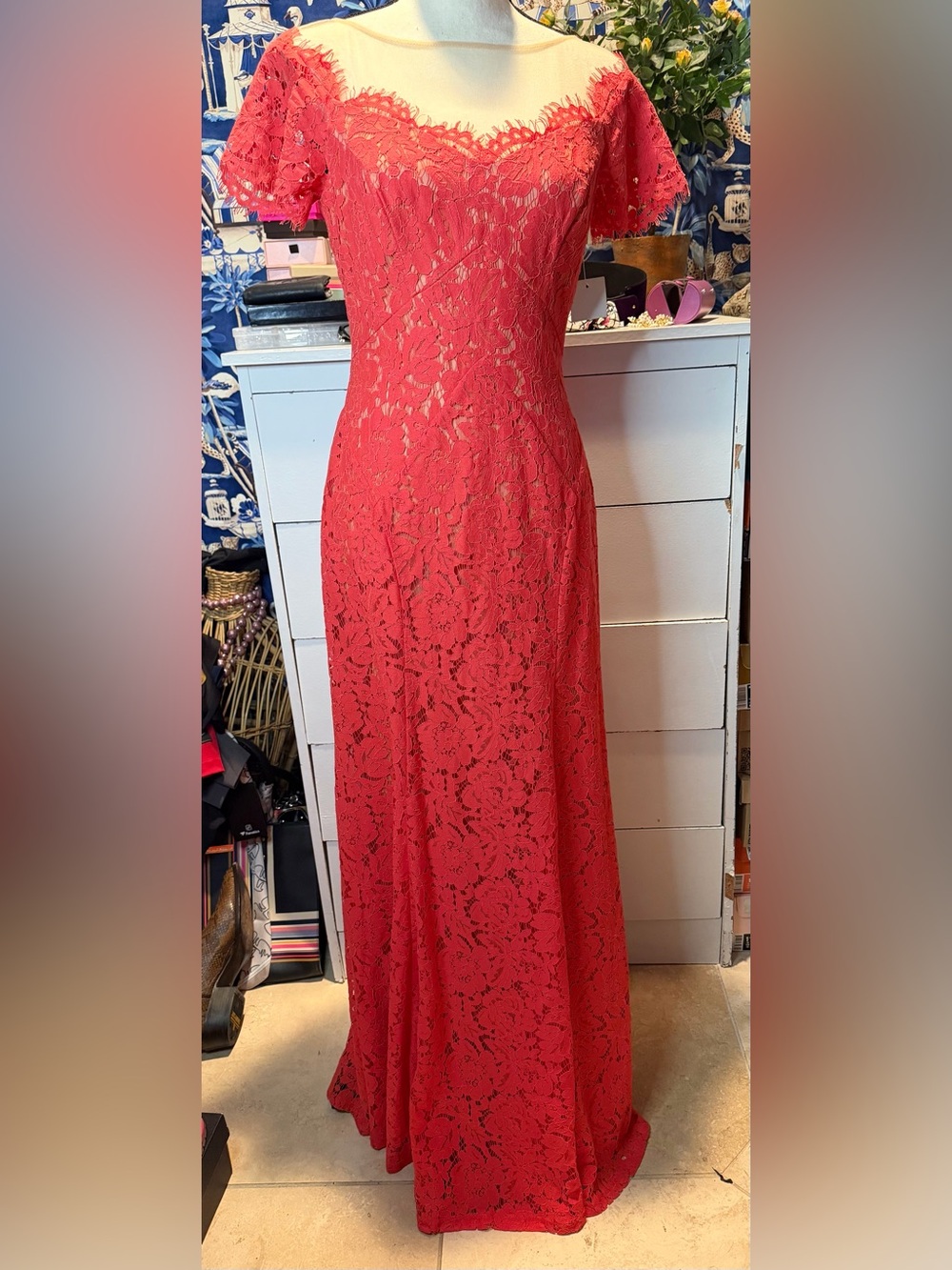 Rene Ruiz Collection Persimmon Red Lace Gown Size 4